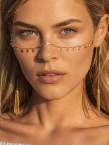 1pc New Style Ear Hook Face Chain For Women, Unique Niche Design, Fashionable Colorful Rhinestone Tassel Face Decoration, Viral Photo Prop - Gold - View 1