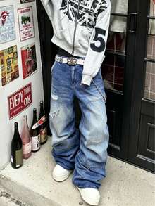 2026 New Vintage Light Blue Washed Distressed Relaxed Fit Wide Leg Jeans For Men - Light Wash - View 3