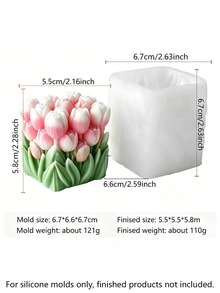 方形簇簇鬱金香花矽膠模具，3D豐盈花瓣搭配逼真綠葉，高彈性軟矽膠模，多用途－蠟燭製作、石膏/繪畫、捏捏樂/壓力釋放、攝影道具背景、節日家居裝飾、家庭慶祝派對禮物交換、手工禮物，單件翻模，柔軟易清洗，可重複使用 - 鬱金香花叢 - 查看 8