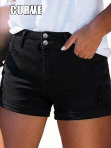 Cross-Border Plus Size Women's Straight Cut Denim Shorts With Pocket Decoration, Mid-Stretch Fabric, Creating A Relaxed And Confident Summer Vibe. - Black - View 6