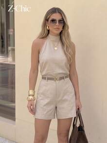 Women's Black Halter Neck Tank Top & Shorts Set, Elegant Sleeveless Summer 2-Piece Outfit, Sophisticated Casual Matching Set (Belt Not Included) - Khaki - View 6