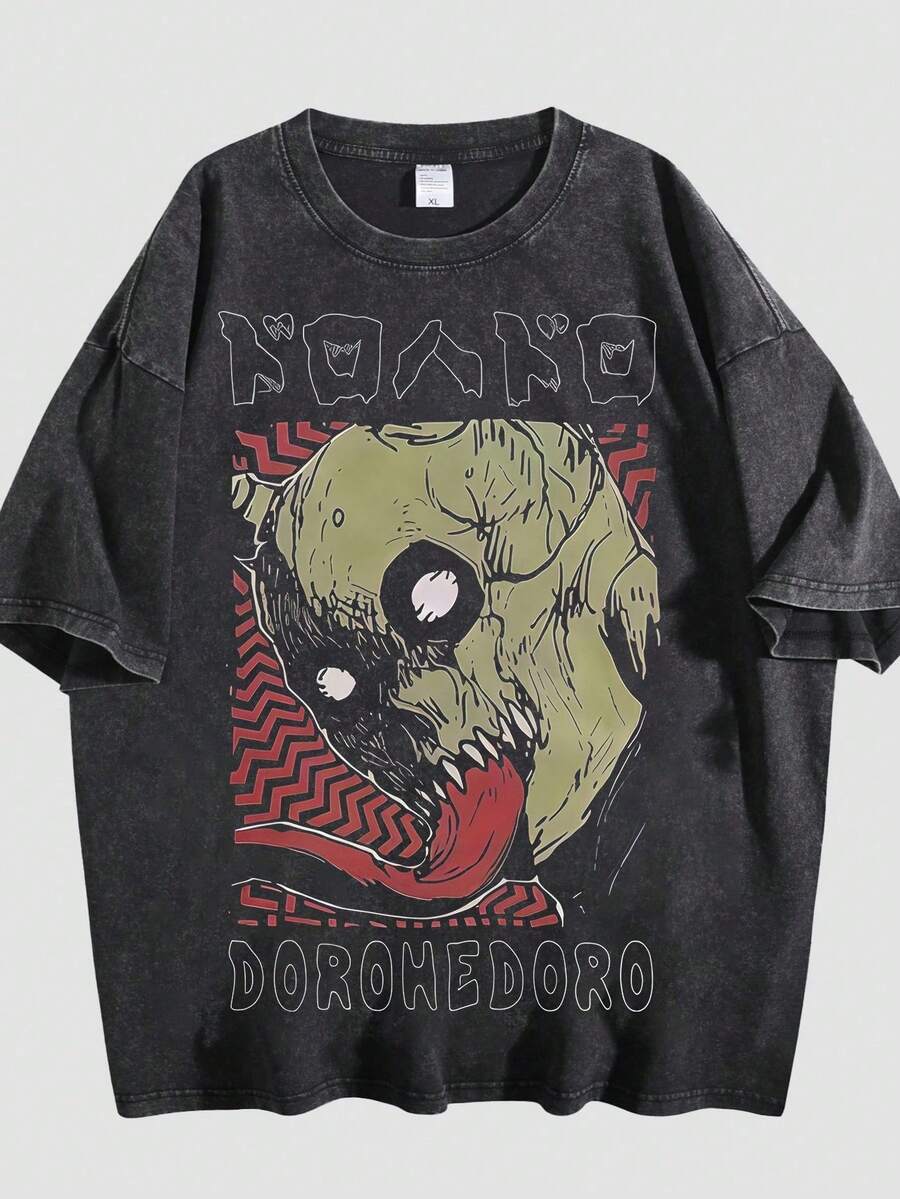 Women's Loose-Fitting Cotton Summer T-Shirt, Dark Sleeve Graphic With Retro Japanese Lettering, Lightweight Men's T-Shirt For Urban Outings And Meetings - 黑色 02 - 查看 1