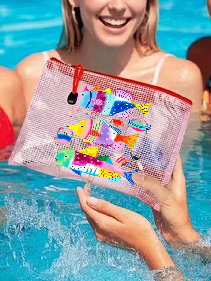 防水海灘彩魚圖案化妝包,彩色網格化妝包,大容量便攜式化妝收納包,透氣海灘盥洗包,夏季熱帶風旅行收納包,多功能盥洗包適用於游泳、度假、大學宿舍、浴室、化妝品、護膚品、配件、文具、海灘用品,可愛學術風,獨特教師節禮物、生日禮物、節日禮物、派對禮物、度假禮物、婚禮禮物及開學禮物 - 彩色 - 查看 1