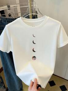 Camiseta de manga corta con estampado de fases lunares coloridas para mujer estilo casual verano - Blanco - Ver 2