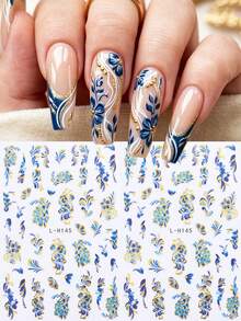 2er Set elegante königsblaue Goldfolien-Blumen Nagelaufkleber, Vintage handgezeichnetes Blumenmuster Aufkleber perfekt für Cottagecore, Braut und hochwertige Maniküre Designs - Verschiedenfarbig - Übersicht 2