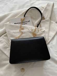 Tas Bahu Rantai Motif Kotak-kotak Berwarna Solid, Tas Pesta Malam Serbaguna dengan Penutup, Tas Tangan & Dompet Ringan Terbaru, Tas Selempang untuk Perjalanan Sehari-hari - Hitam - View 7