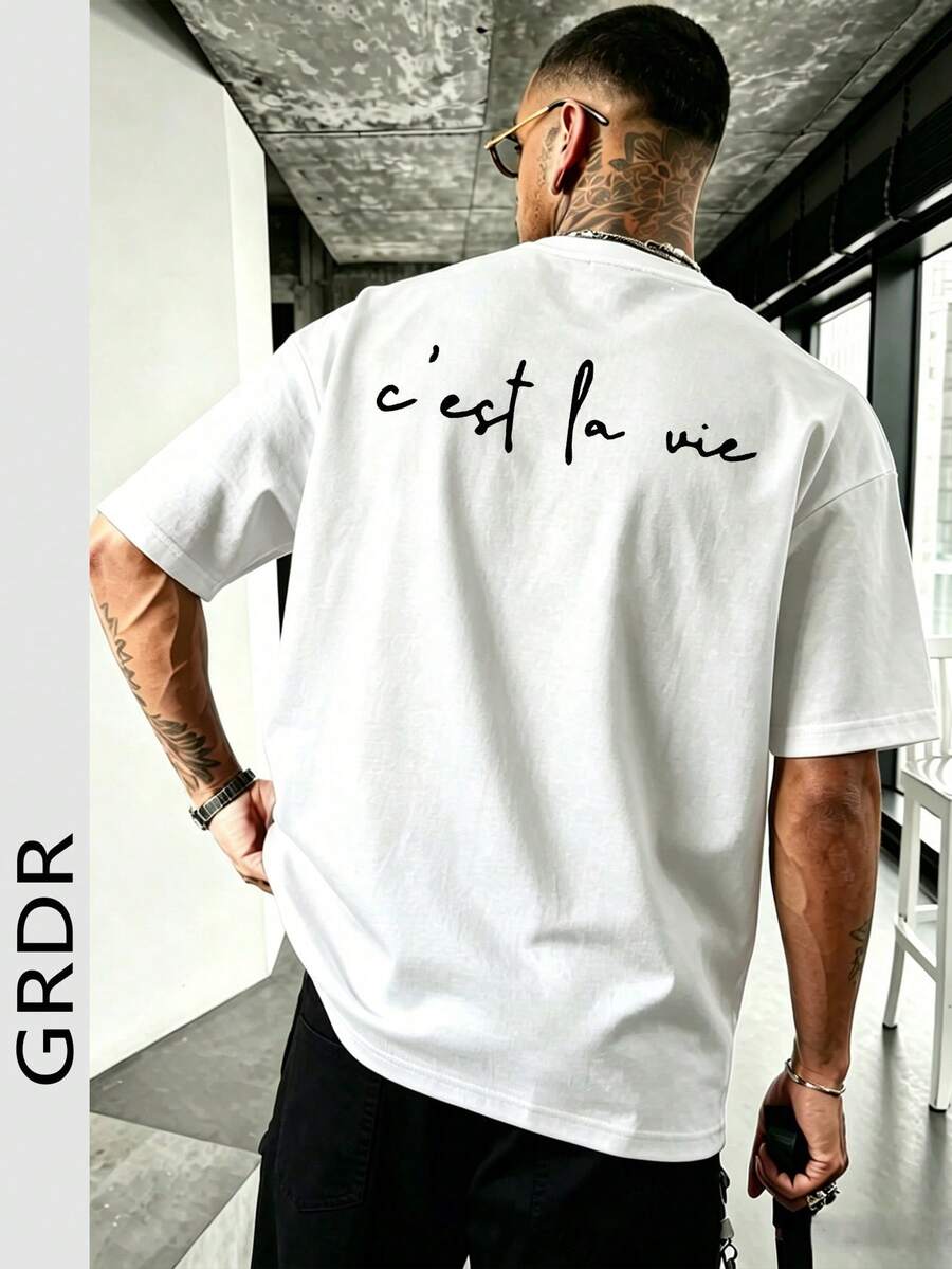 GRDR Fashionable Minimalist Slogan Print Short Sleeve T-Shirt, Comfortable & Breathable, Suitable For Summer, Leading Style - White - View 1