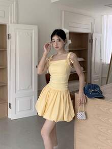 New Summer Collection: Women's Camisole Dress With Ribbon Straps, Shirred Waist, And Balloon Skirt - Yellow - Sweet Style, Perfect For Dates, Casual Wear, And Shopping - Yellow - View 11