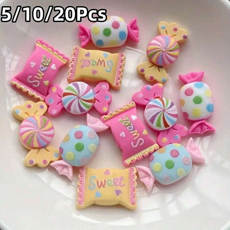 5/10/20Pcs Assorted Candy Shaped Flat Back Resin Decorations, Suitable For Scrapbooking, DIY Crafts And Phone Decoration, Food & Beverage Theme - Colorful Dessert Cabochon Gems, Can Be Used For Creative Projects - Randomly Mix Colors - View 1
