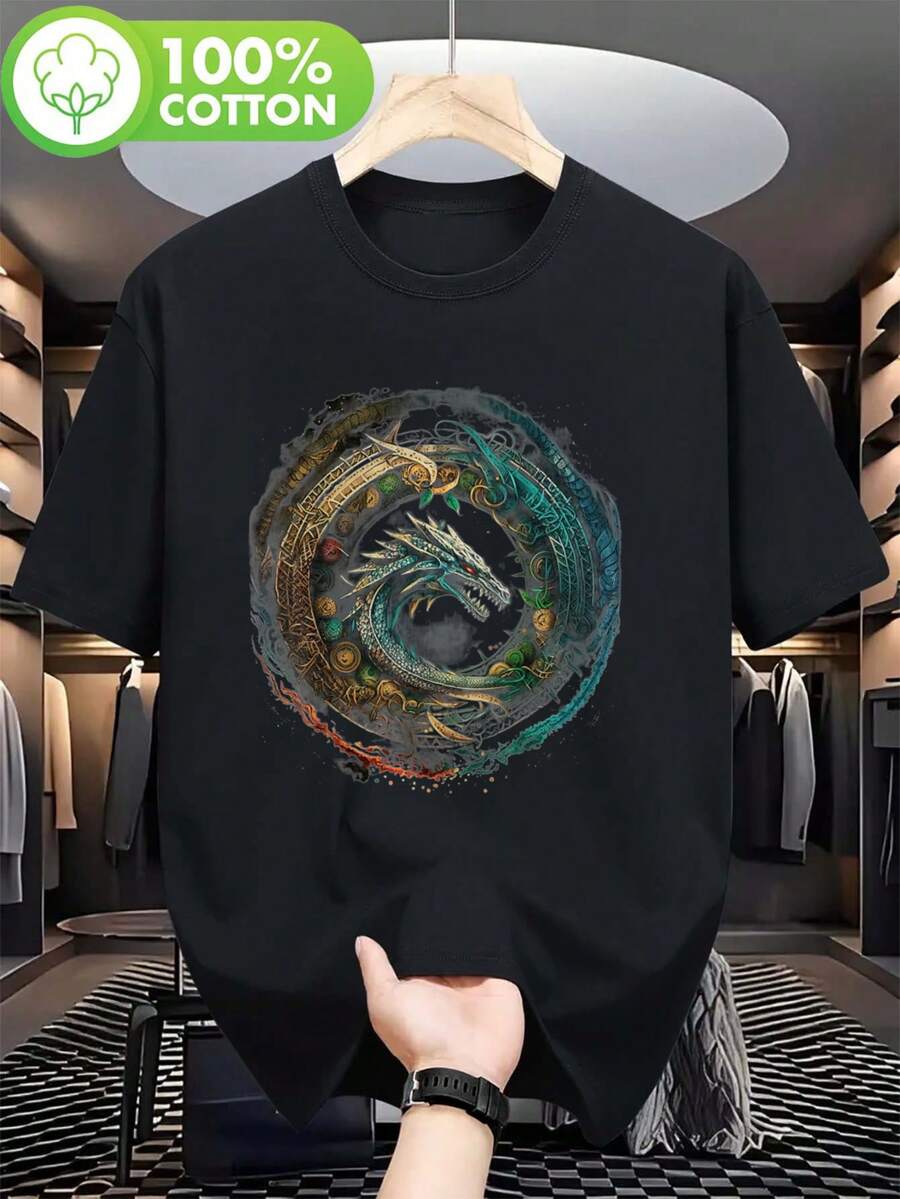 Northman Valhalla Ouroboros Men's T-Shirt - 100% Cotton, Black Norse Mythology Graphic Tee With Vibrant Dragon Design, Casual Short Sleeve T-Shirt For All Seasons - 黑色 - 查看 1