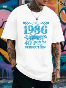 Camiseta de hombre, 40º aniversario, estampado de doble cara de 1986, moda masculina de manga corta, adecuada para uso diario casual y actividades de fitness al aire libre, una prenda impres - Blanco - Ver 1