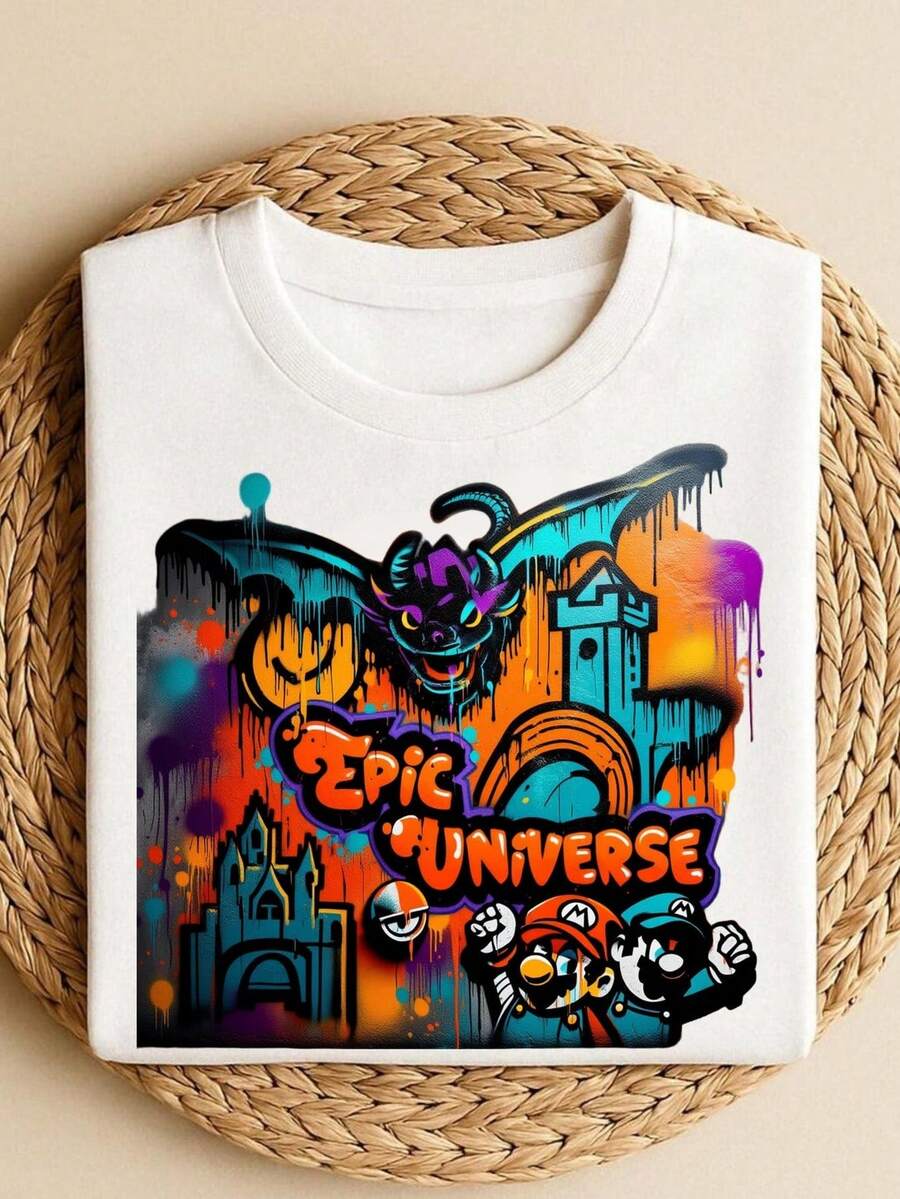Epic Unrse Graffiti T-Shirt, M1ario Dragon Street Art T1EE, Neon F1antasy Castle T-Shirt, 200g Cotton T-Shirt, Unisex - 白色 - 查看 1