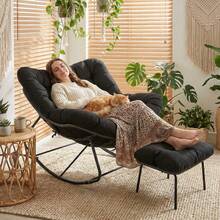 Egg-Shaped Rocking Chair With Footstool, Rattan Rocking Chair Set, Oversized Rocking Armchair, Weatherproof, With Thick Removable Cushion, Load Capacity Of 150kg, Lounge Chair For Garden, Balcony, Living Room - Black Rattan + Black Mat - View 4