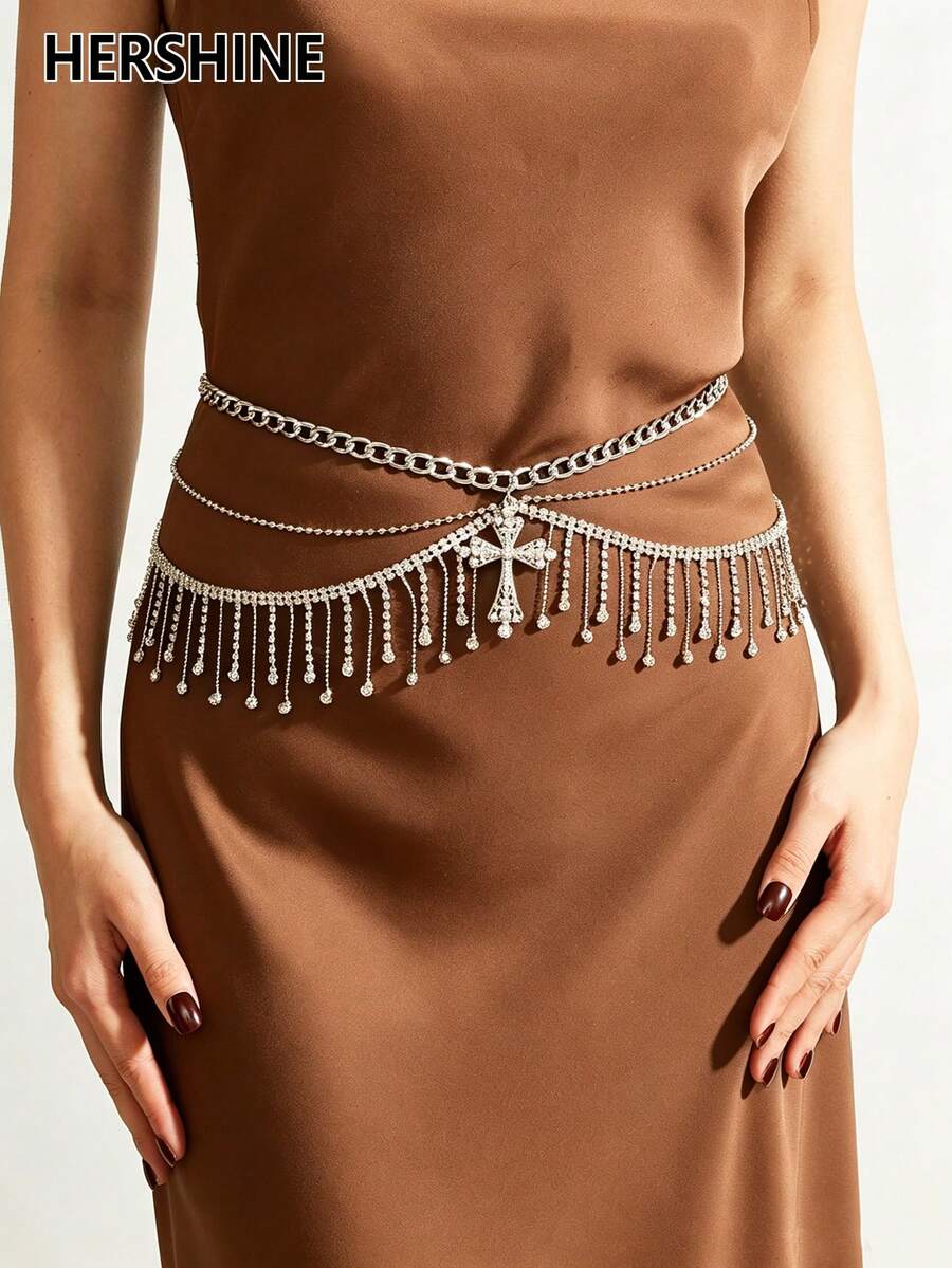 Hershine 1pc Zinc Alloy Silver Rhinestone Tassel Chain Multi-Layer Waist Chain Fashionable Gorgeous Elegant Women's Dress Waist Chain Accessory - M333 Silver Rhinestone Tassel Multi-layer Waist Chain - View 1