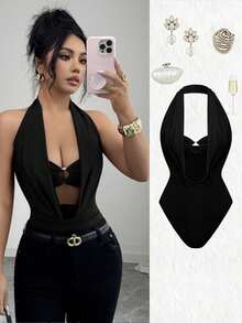 Women's Bodysuit With Draped Neckline And Cutouts - 黑色 - 查看 1