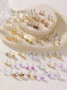 NAIZHU 30 Pairs/Set European And American Fashion Floral Heart Bow Faux Pearl Metallic Earring Set For Women, Suitable For Daily Wear, Dating And Gifts - Multicolor - View 3