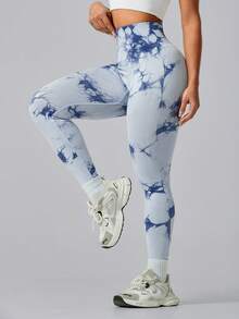 Leggings de sport pour femmes à taille haute avec contrôle du ventre, effet tie-dye, taille côtelée, gainant, élastiques et séchage rapide, pantalon de cyclisme - Bleu ciel - Voir 4