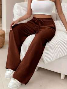 Women's Linen Palazzo Pants, Adjustable Waist With Drawstring, Side Pockets, Casual And Breathable For Vacations - 棕色 - 查看 2