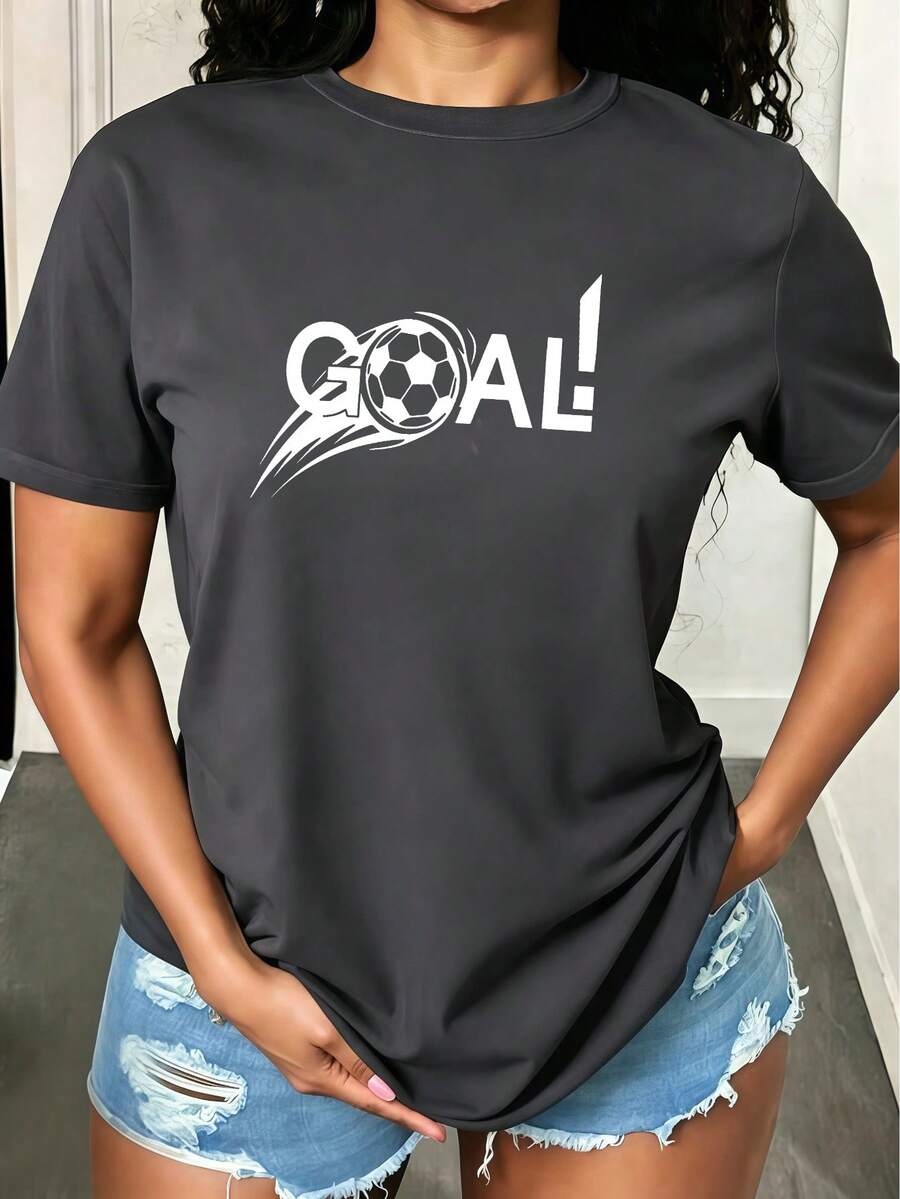 Camiseta informal de manga corta con cuello redondo y estampado para mujer, versátil para un estilo urbano diario. - Gris Oscuro - Ver 1