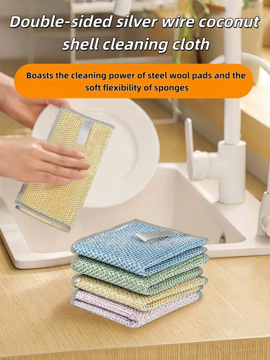Nouveau chiffon à vaisselle double couche en coque de noix de coco, anti-adhésif, sans peluches, éponge à récurer pour la maison, essentiel de cuisine - Multicolore - Voir 1