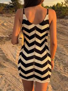 女款夏季新款時尚優雅撞色波浪紋簡約成熟度假罩衫，抽繩針織迷你洋裝，輕盈微透，適合海灘度假 - 彩色 - 查看 4