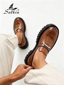Salkin 新款奢華復古設計男士樂福鞋套腳款，格紋鱷魚壓紋柔軟皮革透氣圓頭正裝鞋，優雅紳士商務休閒鞋，男士日常辦公派對婚禮厚底增高新郎鞋，情侶約會浪漫晚餐節日禮物返校學生鞋，適合四季，建議選擇大一號 - 棕色 - 查看 8