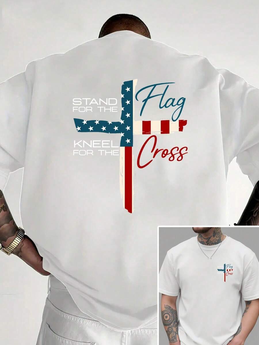 Defiéndete de la bandera, arrodíllate ante la cruz, nueva camiseta de cuello redondo para hombre con estampado de doble cara, top holgado de moda casual y deportiva, de manga corta para estu - Blanco - Ver 1