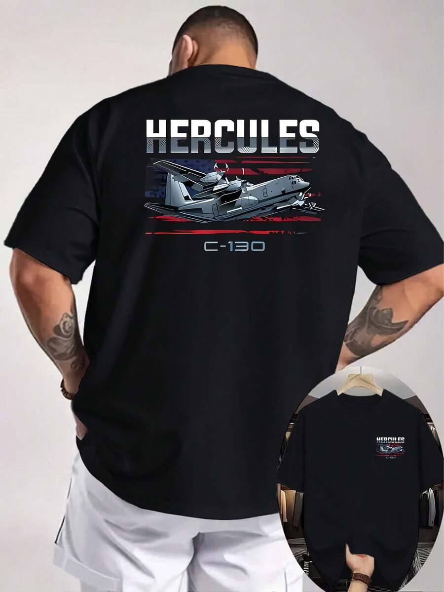 Camiseta de hombre con estampado del avión de transporte C-130, diseño de doble cara en la parte delantera y trasera, top de manga corta personalizado para el uso diario casual de e - Negro - Ver 1