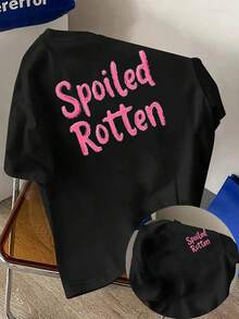 Camiseta de hombre, Spoiled Rotten, con estampado a mano en rosa en la parte delantera y trasera, camiseta de manga corta moderna y a la moda para hombre, adecuada para uso diario casual y a - Negro - Ver 1