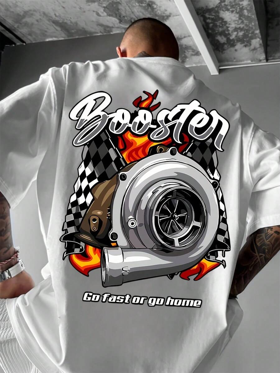 1 Pcs Casual Pure Cotton Oversized Auto Modify Turbo Graphic Short Sleeve Men's Tee Street Style Airport Daily Racing Top - 白色 - 查看 1