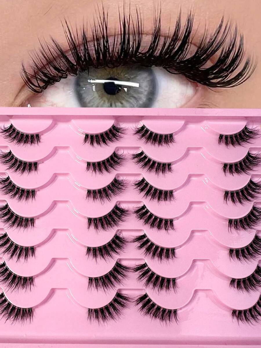 14 Pairs Half Piece Transparent Tape With Fake Eyelashes, Cat Eye Style, Short And Soft 3D Faux Mink Fur Fake Eyelashes, Natural Makeup, Elongated End, Naturally Curled Appearance