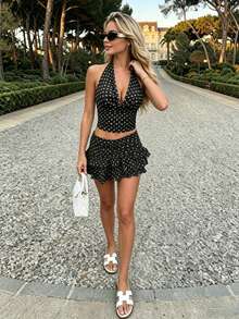 Women's Y2K Polka Dot Halter Crop Top Deep V Backless Slim Fit Parisian Street Style Spring Summer Date Cafe Streetwear - Black - View 1