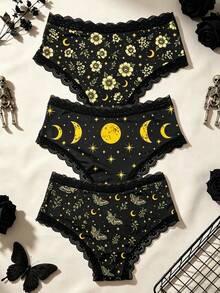 3PCS Women's Briefs, Vintage Floral Moon & Star Print Dark Gothic Lace Patchwork Mid-Waist Panty Set - Multicolor - View 2