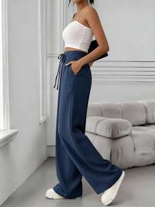 Women's Linen Palazzo Pants, Adjustable Waist With Drawstring, Side Pockets, Casual And Breathable For Vacations - biru laut - View 2
