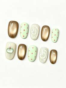 10pcs Cat Eye Multi-Colored Green Cat Eye Apple Decorative Jewelry. These Artificial Nails Feature Circular Star And Dot Patterns. Suitable For Students And Office Workers For Daily Wear, As Well As For Dates. Handmade And Reusable. - Multicolor - View 1