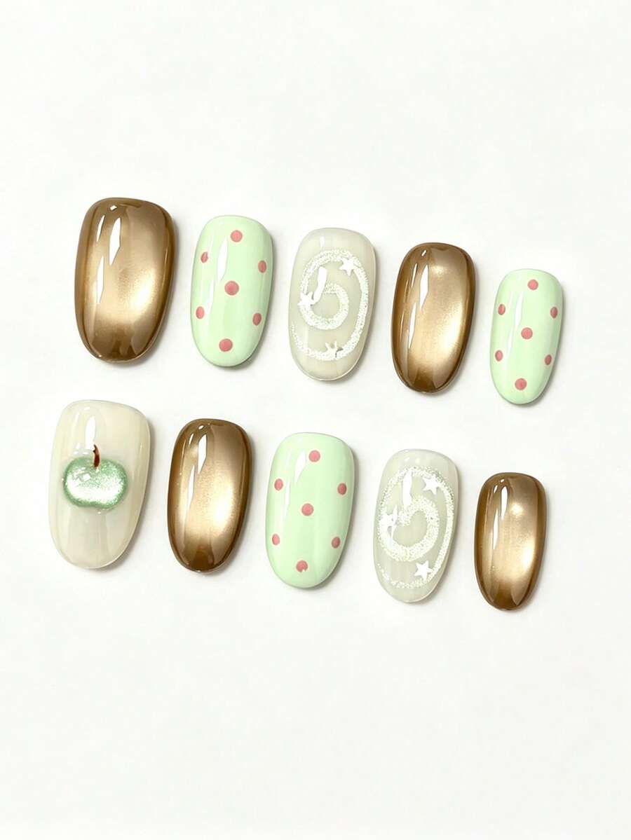 10pcs Cat Eye Multi-Colored Green Cat Eye Apple Decorative Jewelry. These Artificial Nails Feature Circular Star And Dot Patterns. Suitable For Students And Office Workers For Daily Wear, As Well As For Dates. Handmade And Reusable. - Multicolor - View 1