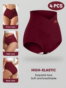 MIOTAN 4 buah celana dalam wanita pinggang sedang hingga tinggi, desain tali silang, warna polos, pengontrol perut, elastis, membentuk tubuh, pas ketat, lembut, dan bernapas. - MultiWarna - View 7