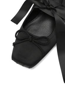 Ballet Flat Shoes Satin For Women Square Toe Bow Lace Up Ribbon Strappy Mary Jane Slingback Ballerina Pumps Lolita Party Wedding Prom Dress Cute Shoes - 黑色 - 查看 8