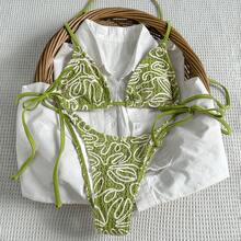 Bikinx 女款夏季時尚不對稱條紋三角繫帶比基尼套裝 度假海灘 - 橄欖綠 - 查看 4