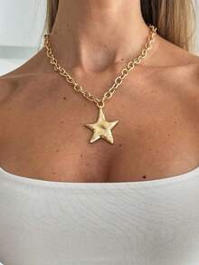 1pc Thick Gold-Plated Chain Necklace With Large Star Pendant, Retro Y2K Style Statement Choker Necklace, Minimalist & Streetwear Jewelry For Women Daily Wear And Party - Gold - View 9