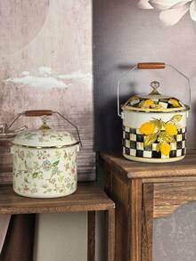 Vintage Luxury Enamel Storage Bucket With Lid, Large Capacity Home Storage Jar, Classic Colorful Floral Print Design, Fine Smooth Enamel Material Moisture-Proof Stain-Resistant Easy To Clean, Equipped With Metal Handle And Wooden Grip, Convenient And Effortless To Move, Sealed Lid Design Effectively Prevents Dust And Insects, Practical Storage For Kitchen Ingredients, Snacks And Dried Goods - View 9