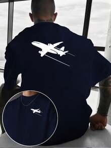 Una camiseta casual para hombre con un diseño creativo, que presenta un estampado de la silueta de un avión. un estilo personalizado para entusiastas de la aviación, con estampado de dobl - Negro - Ver 8