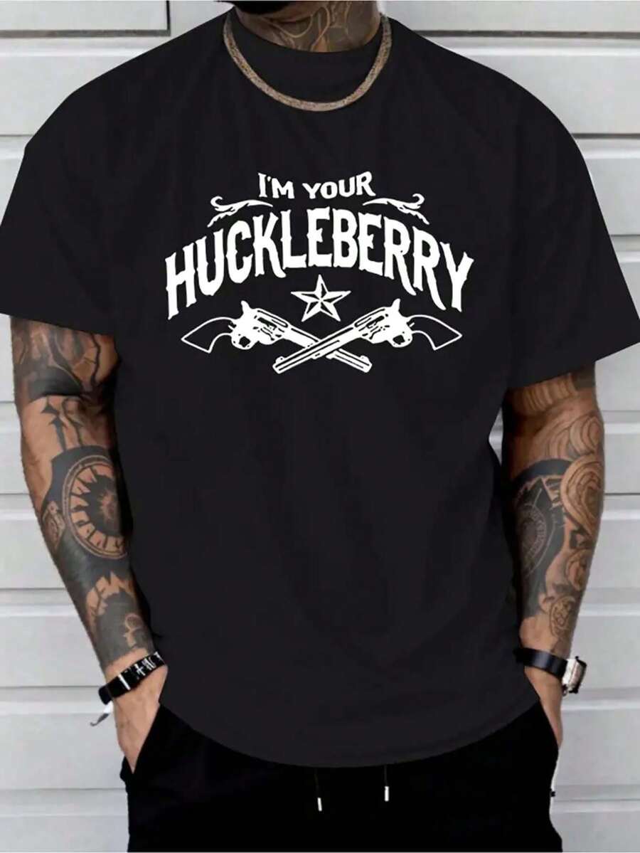 Men's Short-Sleeved Cotton T-Shirt With "I Am Your Good Friend" Print, Casual Black Crew Neck T-Shirt, Short-Sleeved, Summer, 180g, Heavy-Duty, With - 黑色 - 查看 1