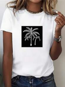 Camiseta de mujer con estampado de palmera tropical, 180 g, suave y cómoda, de cuello redondo, a la moda, para verano. Regalo para ella, reuniones familiares, actividades de team building en - Blanco - Ver 1