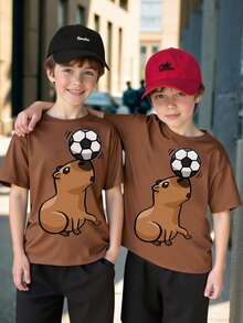 Basic Short-Sleeved T-Shirt With A Cute Capybara Graphic Print For Kids, In A Casual And Creative Style. - BLACK AND RED - View 1