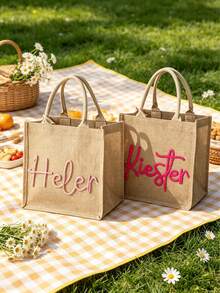 1pc Customized Name Canvas Tote Bag, Personalized Linen Bridesmaid Bag, Bohemian Style Wedding Handbag, Suitable For Wedding Vacation, Unique Gift For Friends And Bridesmaids - Multicolor - View 3