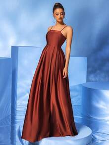 Vestido marrón de tirantes finos con espalda descubierta y bolsillos, ideal para fiestas, bodas y eventos formales. - Marrón - Ver 6