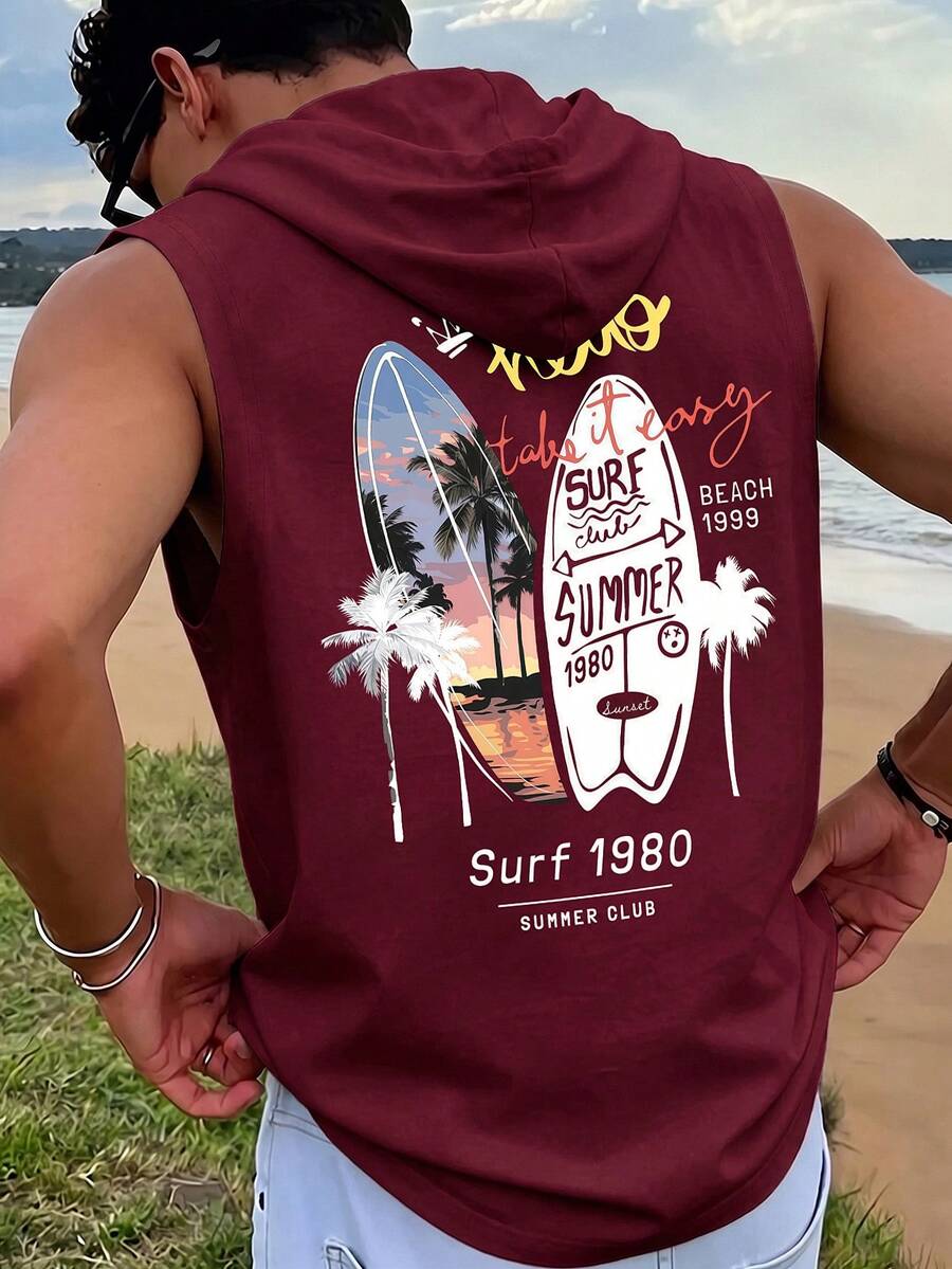 Men's Surfboard & Palm Tree Print Sleeveless Hoodie Vest | Exquisite Design | Summer Essential | Fashionable Matching, Showcasing Your Style - Burgundy - View 1