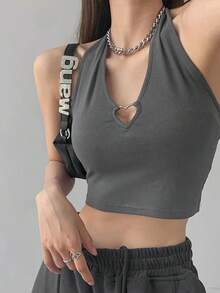 Camisola con cuello en V y corazón ahuecada para mujer, camisetas sin mangas con cuello Halter, camisola recortada ajustada con cordones a la moda de verano - Gris - Ver 2