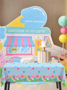 Mantel desechable con estampado de grupo de Peppa Pig sobre base azul, diseño de borde con globos punteados combinado con material PE impermeable. Disponible en opciones de juego de varias piezas, tela a prueba de aceite y fácil de desechar, perfecta para la decoración de mesas de fiestas temáticas y banquetes - Multicolor - Ver 9